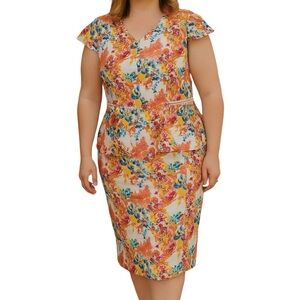 Antonio Melani 10 Adalee Printed Crepe Ivory Cap Sleeve Midi Length Floral Dress